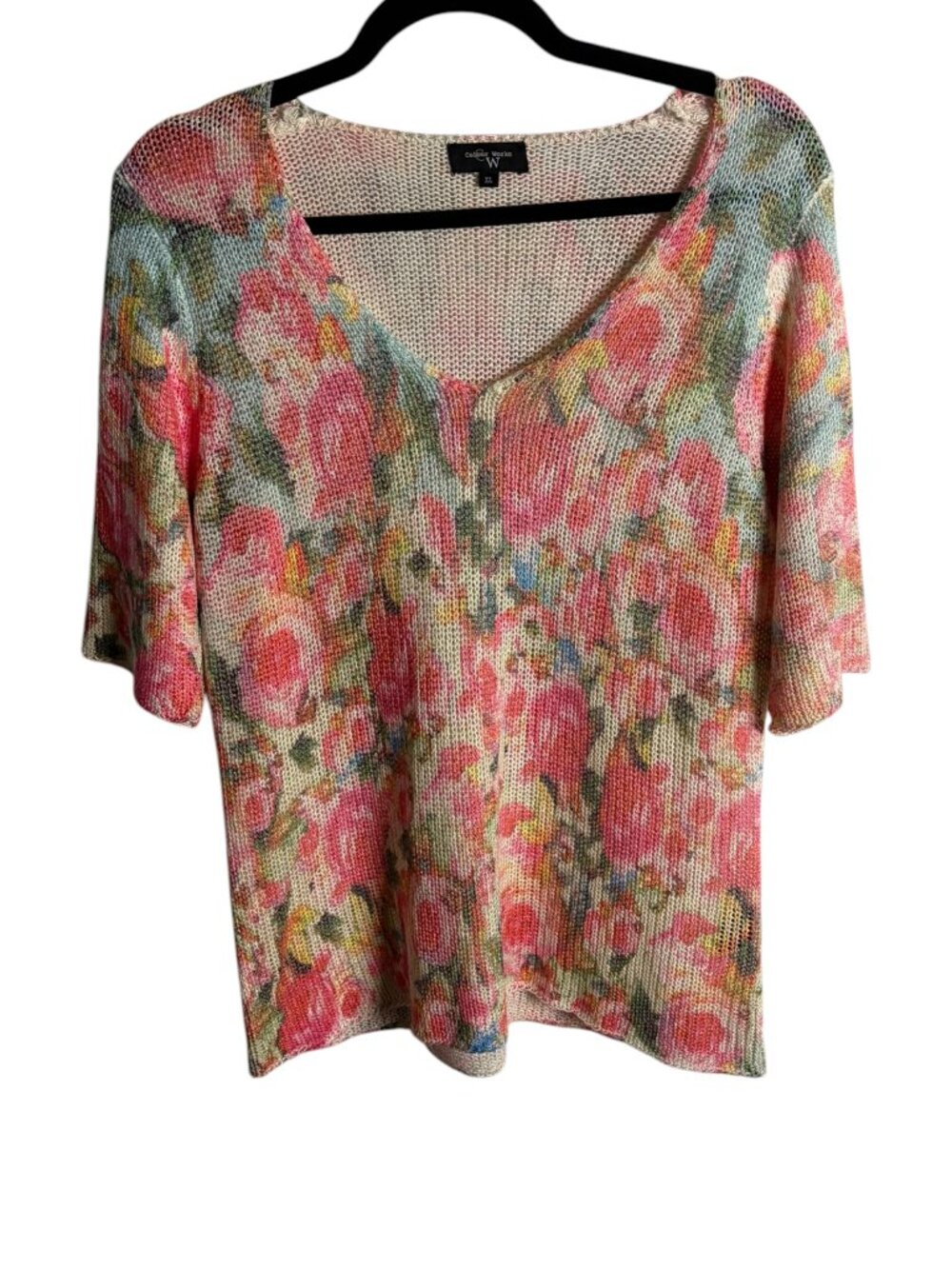 Colour Works Women's Size Xl Short Sleeve Watercolor Floral Knit Sweater V Neck